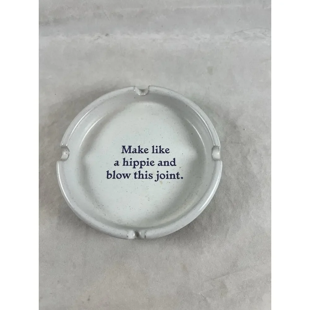 Urban Outfitters White Speckled Ceramic Ashtray with Navy Slogan